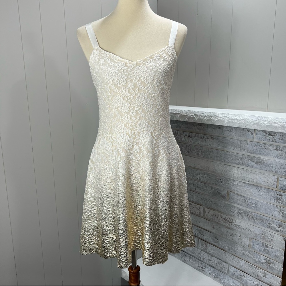 Free People Ombre Foil White Lace Champagne Gold Ivory Fit & Flare Mini Dress L